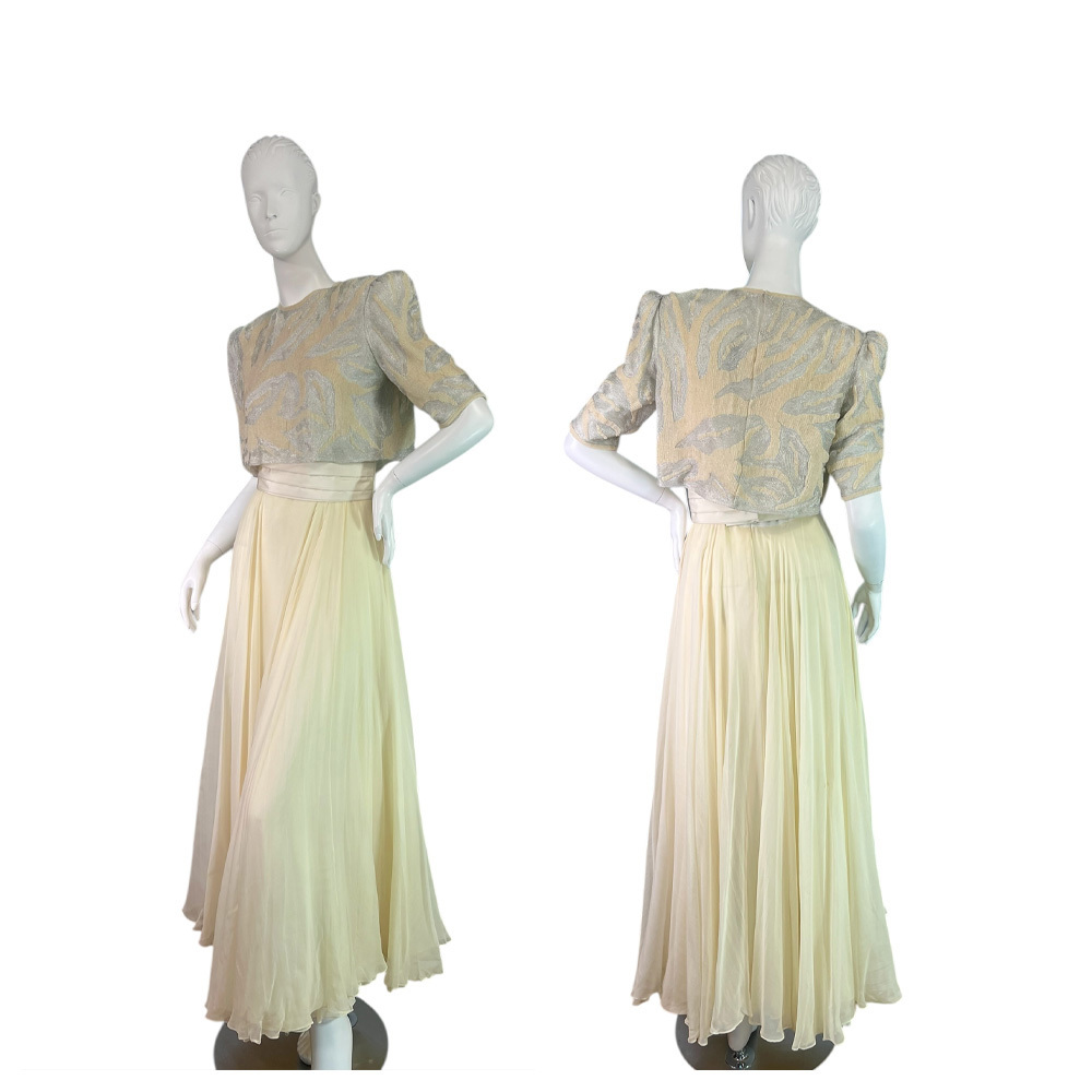 Richilene New York 80s Vintage Ivory Gown Silk Chiffon with Beaded Top Size 4